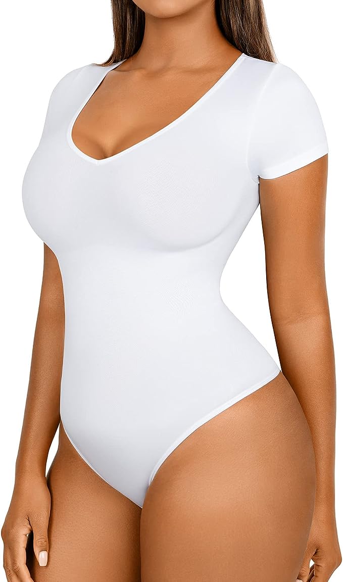 FeelinGirl Short Sleeve Bodysuit for Women Tops Tummy Control V Neck Thong Shapewear Bodysuit Daily Basic Tops